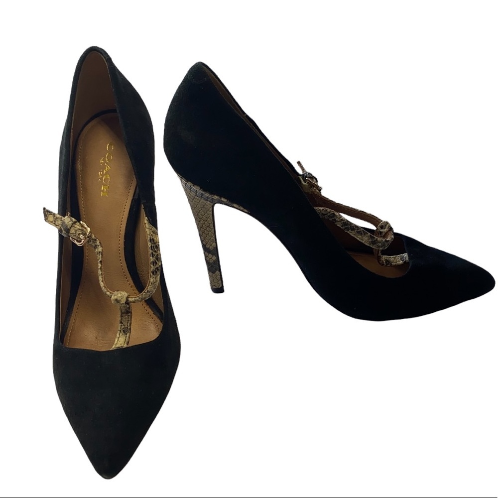 Coach Women’s Black Suede & Snakeskin T-Strap Stilettos High Heels Size 7B